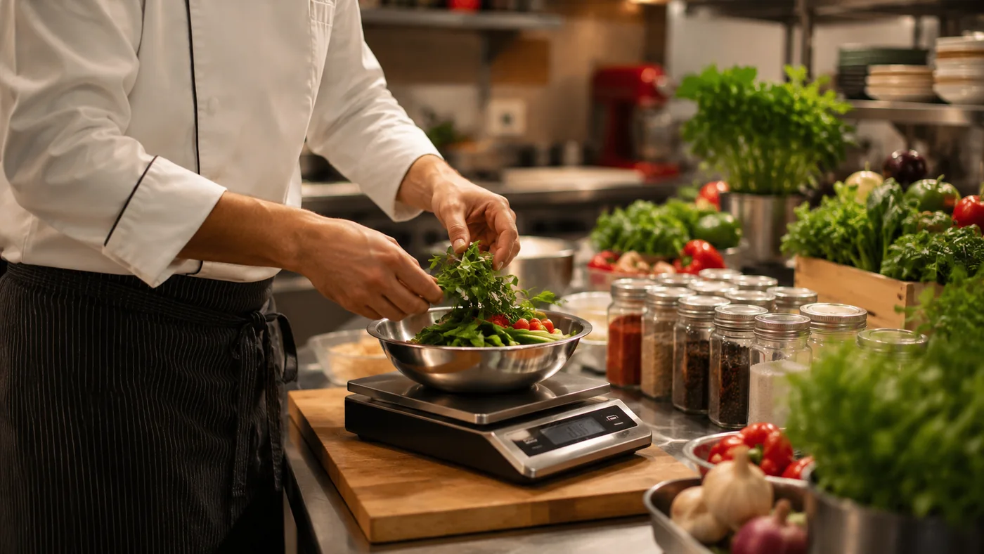 Un menu QR digitale che mostra ingredienti, allergeni e calorie accanto a un piatto